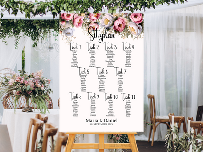 Personalisierter Hochzeits Sitzplan - Leinwand , Poster - Rote Blumen Boho KATRIN