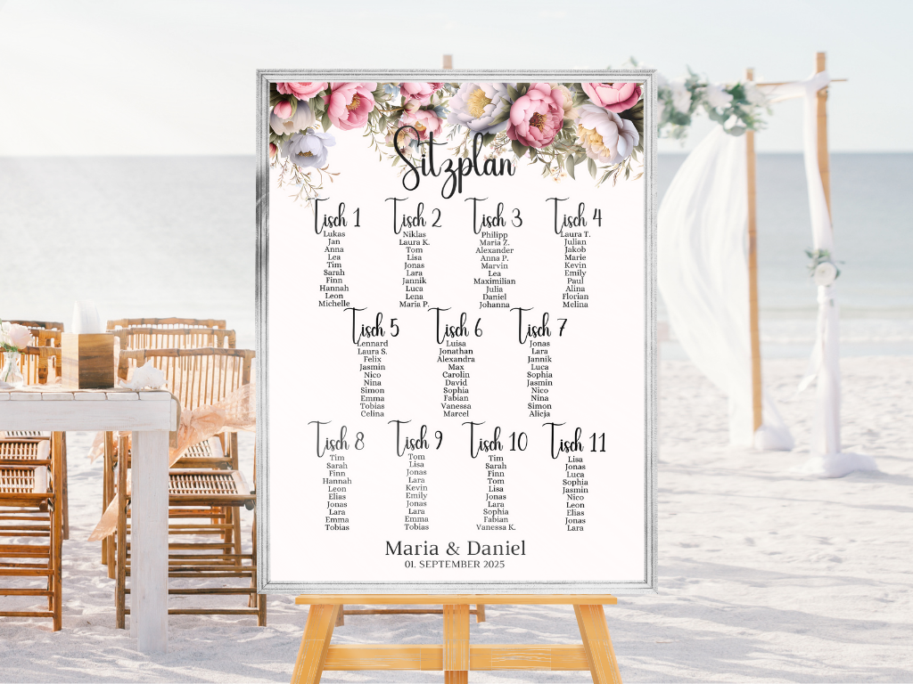 Personalisierter Hochzeits Sitzplan - Leinwand , Poster - Rote Blumen Boho KATRIN