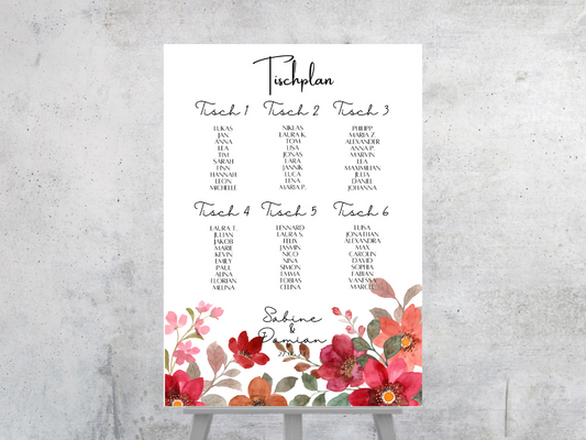Personalisierter Hochzeits Sitzplan - Leinwand , Poster - Bunte Blumen , Rot , Vintage NATALIE