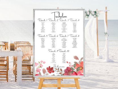 Personalisierter Hochzeits Sitzplan - Leinwand , Poster - Bunte Blumen , Rot , Vintage NATALIE