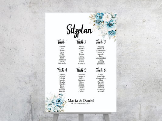 Personalisierter Hochzeits Sitzplan - Leinwand , Poster - Strand Hochzeit , Marine , Blaue Blumen ALICE