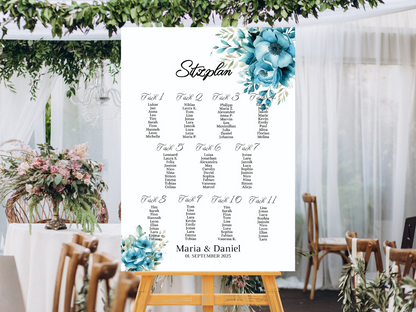 Personalisierter Hochzeits Sitzplan - Leinwand , Poster - Strand Hochzeit , Marine , Blaue Blumen LINDA