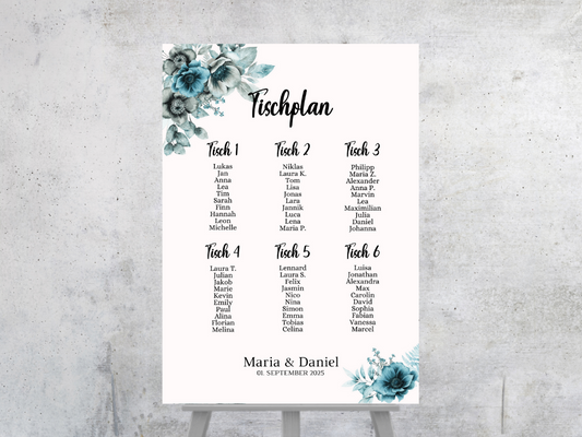 Personalisierter Hochzeits Sitzplan - Leinwand , Poster - Strand Hochzeit , Marine , Blaue Blumen MILA
