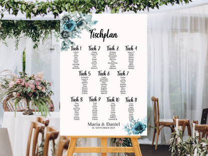 Personalisierter Hochzeits Sitzplan - Leinwand , Poster - Strand Hochzeit , Marine , Blaue Blumen MILA