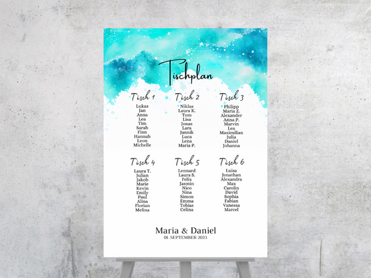 Personalisierter Hochzeits Sitzplan - Leinwand , Poster - Strand Hochzeit , Meer Motiv ARIA