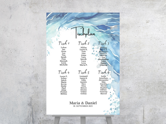 Personalisierter Hochzeits Sitzplan - Leinwand , Poster - Strand Hochzeit , Meer Motiv , Vintage EMMA