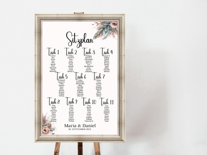 Personalisierter Hochzeits Sitzplan - Leinwand , Poster - Boho , Beige , Blumen DIANA