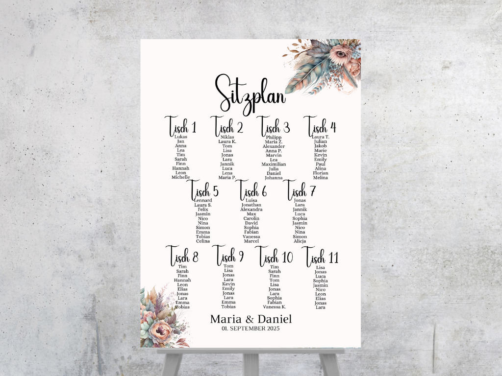 Personalisierter Hochzeits Sitzplan - Leinwand , Poster - Boho , Beige , Blumen DIANA
