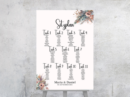 Personalisierter Hochzeits Sitzplan - Leinwand , Poster - Boho , Beige , Blumen DIANA