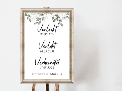 Unsere Liebesgeschichte. Verliebt Verlobt Verheiratet für Hochzeit Leinwand, Poster . Eukalyptus Vintage ANNA