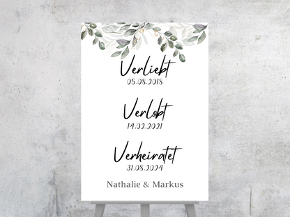 Unsere Liebesgeschichte. Verliebt Verlobt Verheiratet für Hochzeit Leinwand, Poster . Eukalyptus Vintage ANNA