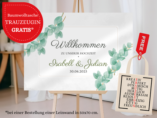 Willkommensschild Hochzeit - Leinwand , Poster - Eukalyptus Vintage HANNAH
