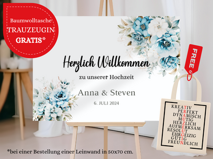 Willkommensschild Hochzeit - Leinwand , Poster - Strand Hochzeit , Marine , Blaue Blumen ALICE
