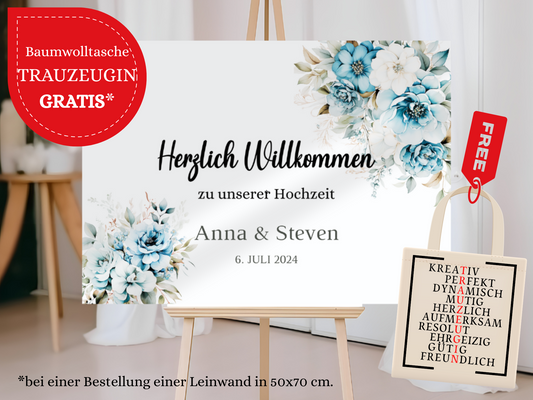 Willkommensschild Hochzeit - Leinwand , Poster - Strand Hochzeit , Marine , Blaue Blumen ALICE
