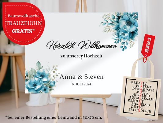 Willkommensschild Hochzeit - Leinwand , Poster - Strand Hochzeit , Marine , Blaue Blumen LINDA