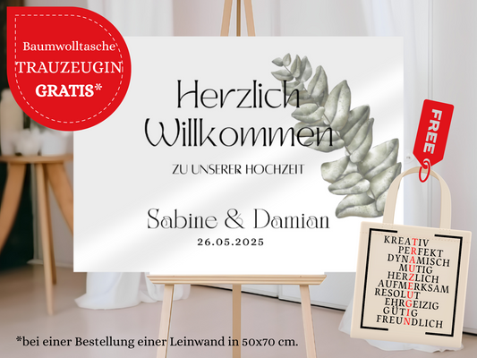 Willkommensschild Hochzeit - Leinwand , Poster - Eukalyptus Vintage LARA