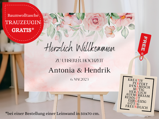 Willkommensschild Hochzeit - Leinwand , Poster - Boho , Rosa Blumen LAURA