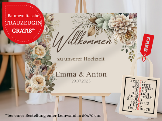 Willkommensschild Hochzeit - Leinwand , Poster - Boho , Beige , Blumen JULIA