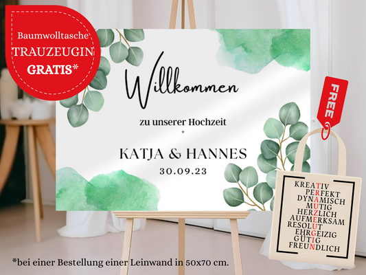 Willkommensschild Hochzeit - Leinwand , Poster - Eukalyptus Vintage SARAH