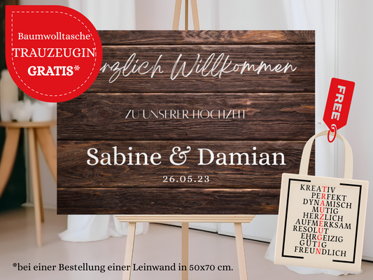 Willkommensschild Hochzeit - Leinwand , Poster - Boho , Holzeffekt , Vintage LEONIE