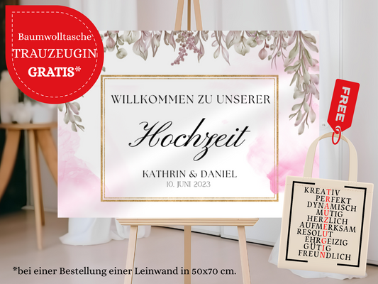 Willkommensschild Hochzeit - Leinwand , Poster - Boho , Rosa Blumen MARTA