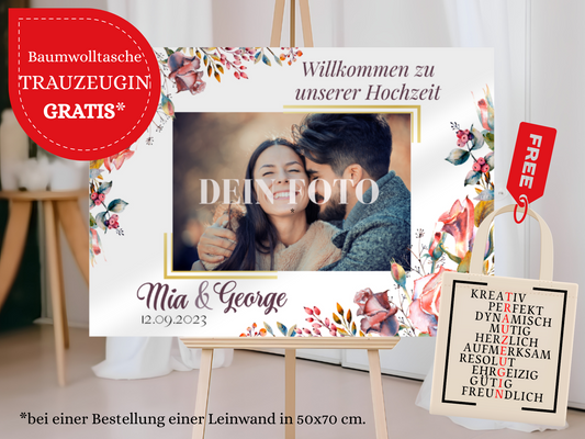 Willkommensschild Hochzeit - Leinwand , Poster - Boho , Rosa Blumen SOPHIE