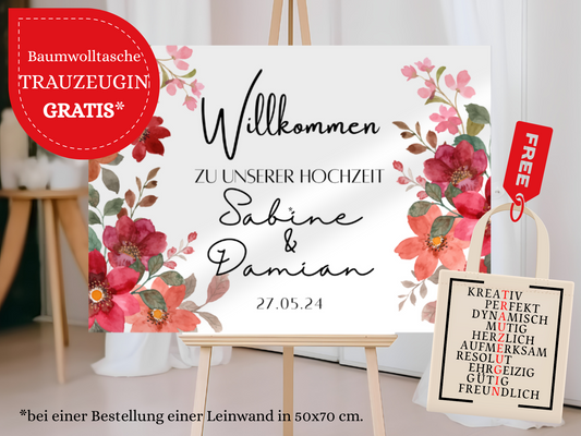 Willkommensschild Hochzeit - Leinwand , Poster - Bunte Blumen , Rot , Vintage NATALIE