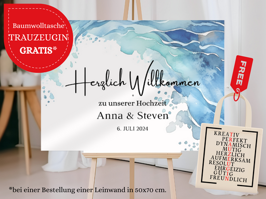 Willkommensschild Hochzeit - Leinwand , Poster - Strand Hochzeit , Marine , Vintage EMMA