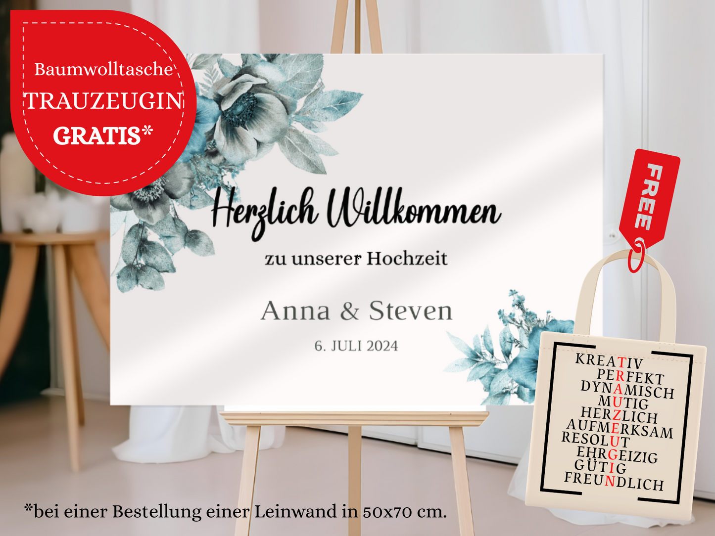 Willkommensschild Hochzeit - Leinwand , Poster - Strand Hochzeit , Marine , Blaue Blumen MILA