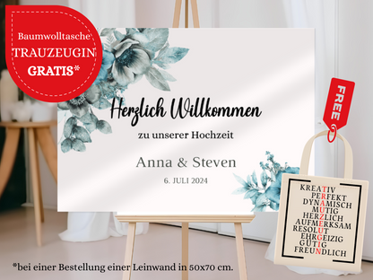 Willkommensschild Hochzeit - Leinwand , Poster - Strand Hochzeit , Marine , Blaue Blumen MILA