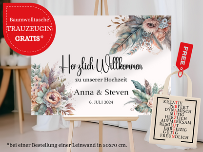Willkommensschild Hochzeit - Leinwand , Poster - Trockenblumen , Boho Strand Hochzeit DIANA