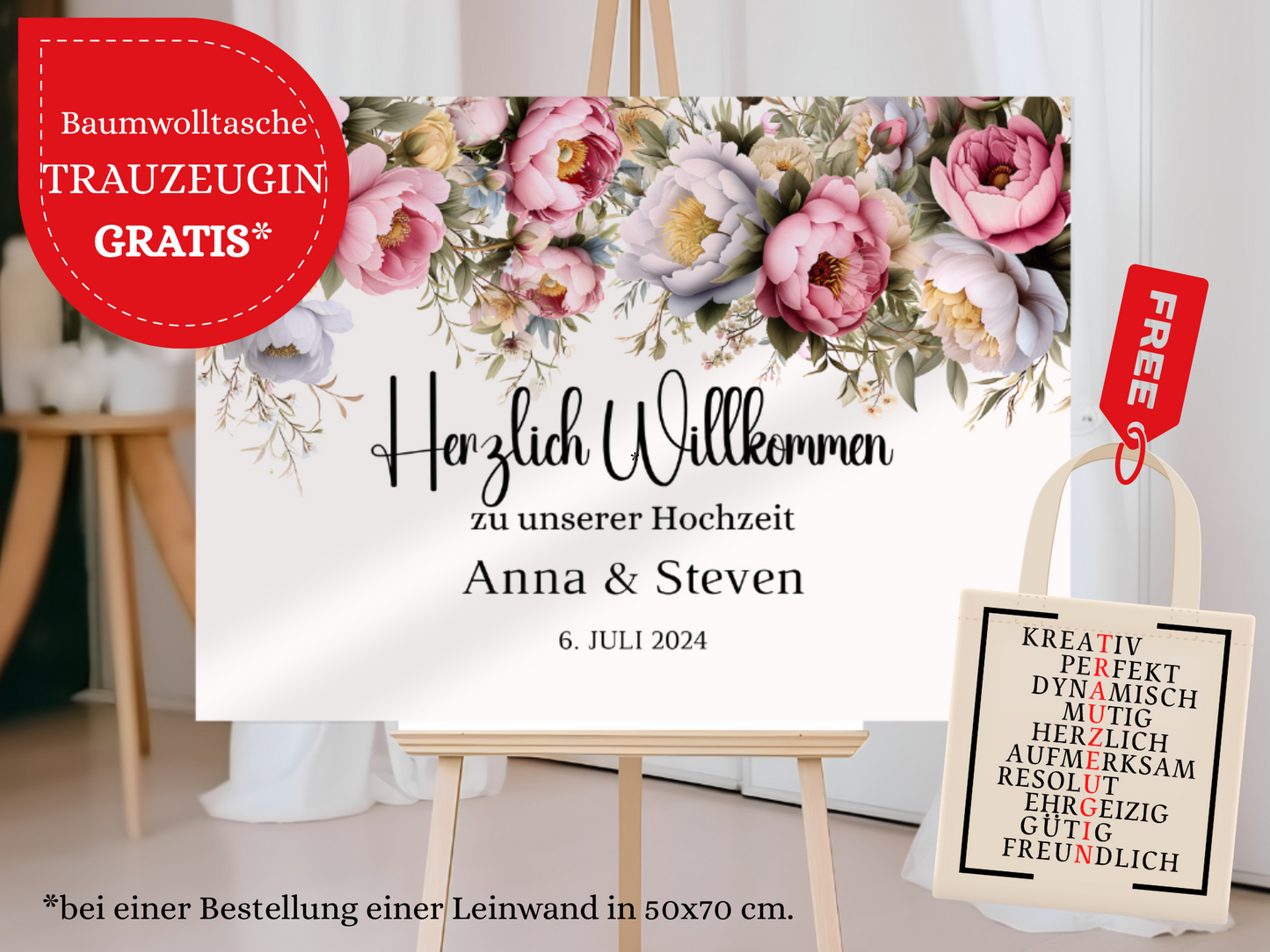 Willkommensschild Hochzeit - Leinwand , Poster - Rote Blumen Boho KATRIN