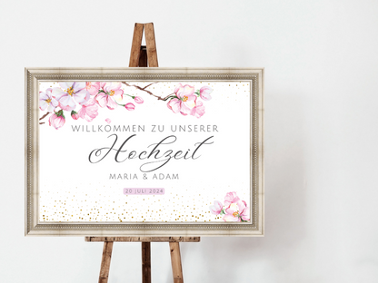 Willkommensschild Hochzeit - Leinwand , Poster - Kirschblüten , Rosa , Vintage LEA