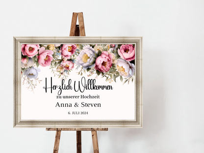 Willkommensschild Hochzeit - Leinwand , Poster - Rote Blumen Boho KATRIN