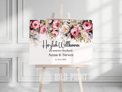 Willkommensschild Hochzeit - Leinwand , Poster - Rote Blumen Boho KATRIN