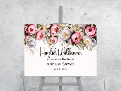Willkommensschild Hochzeit - Leinwand , Poster - Rote Blumen Boho KATRIN