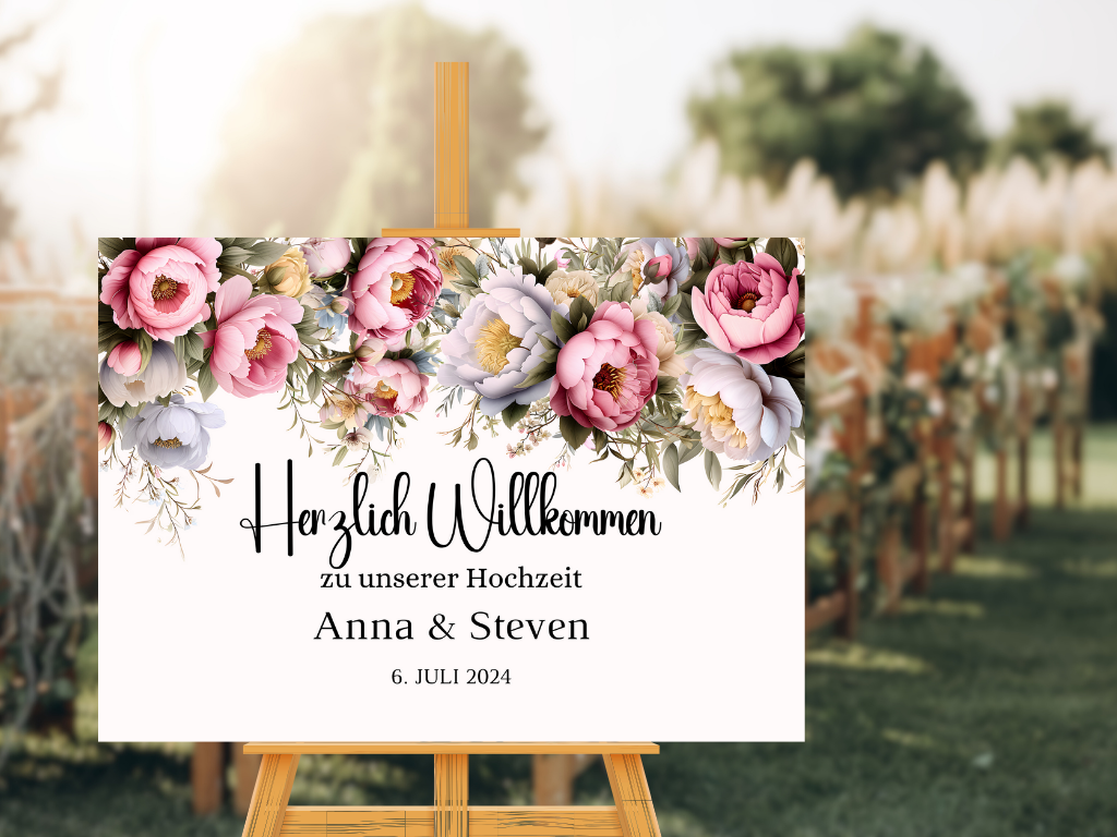 Willkommensschild Hochzeit - Leinwand , Poster - Rote Blumen Boho KATRIN