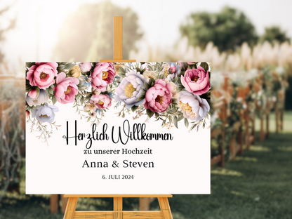 Willkommensschild Hochzeit - Leinwand , Poster - Rote Blumen Boho KATRIN