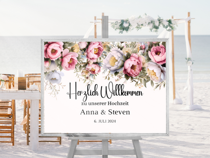 Willkommensschild Hochzeit - Leinwand , Poster - Rote Blumen Boho KATRIN