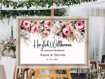 Willkommensschild Hochzeit - Leinwand , Poster - Rote Blumen Boho KATRIN