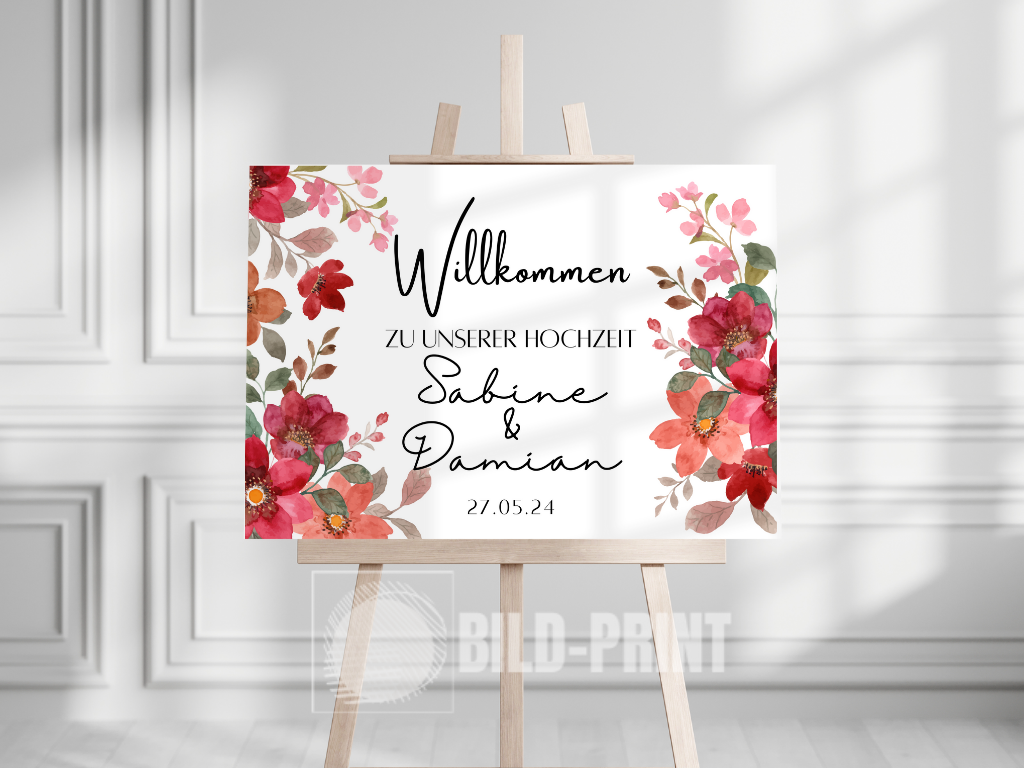 Willkommensschild Hochzeit - Leinwand , Poster - Bunte Blumen , Rot , Vintage NATALIE