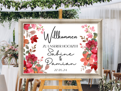 Willkommensschild Hochzeit - Leinwand , Poster - Bunte Blumen , Rot , Vintage NATALIE