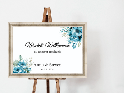 Willkommensschild Hochzeit - Leinwand , Poster - Strand Hochzeit , Marine , Blaue Blumen LINDA