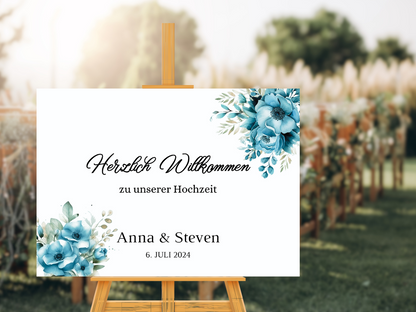 Willkommensschild Hochzeit - Leinwand , Poster - Strand Hochzeit , Marine , Blaue Blumen LINDA