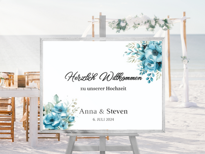 Willkommensschild Hochzeit - Leinwand , Poster - Strand Hochzeit , Marine , Blaue Blumen LINDA