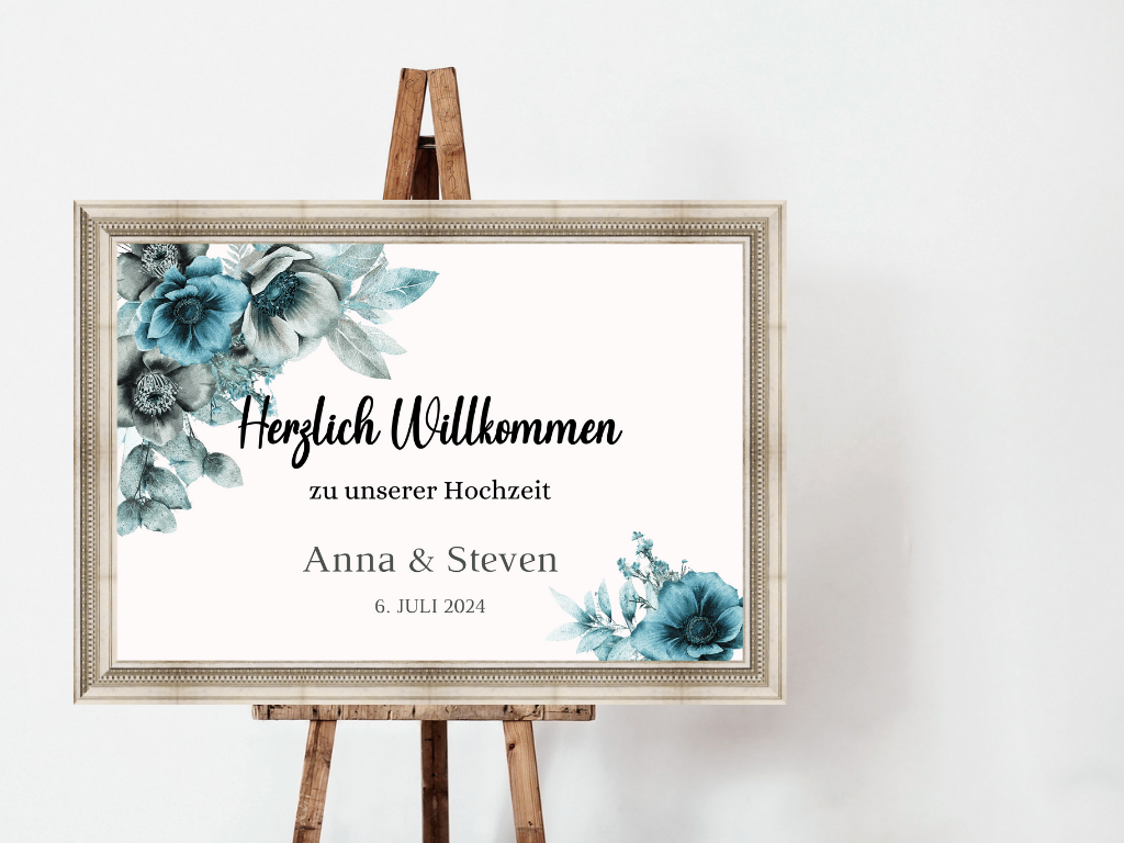 Willkommensschild Hochzeit - Leinwand , Poster - Strand Hochzeit , Marine , Blaue Blumen MILA