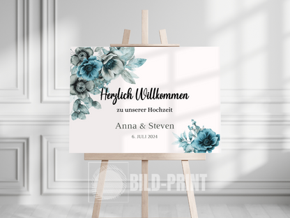 Willkommensschild Hochzeit - Leinwand , Poster - Strand Hochzeit , Marine , Blaue Blumen MILA