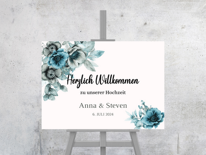 Willkommensschild Hochzeit - Leinwand , Poster - Strand Hochzeit , Marine , Blaue Blumen MILA