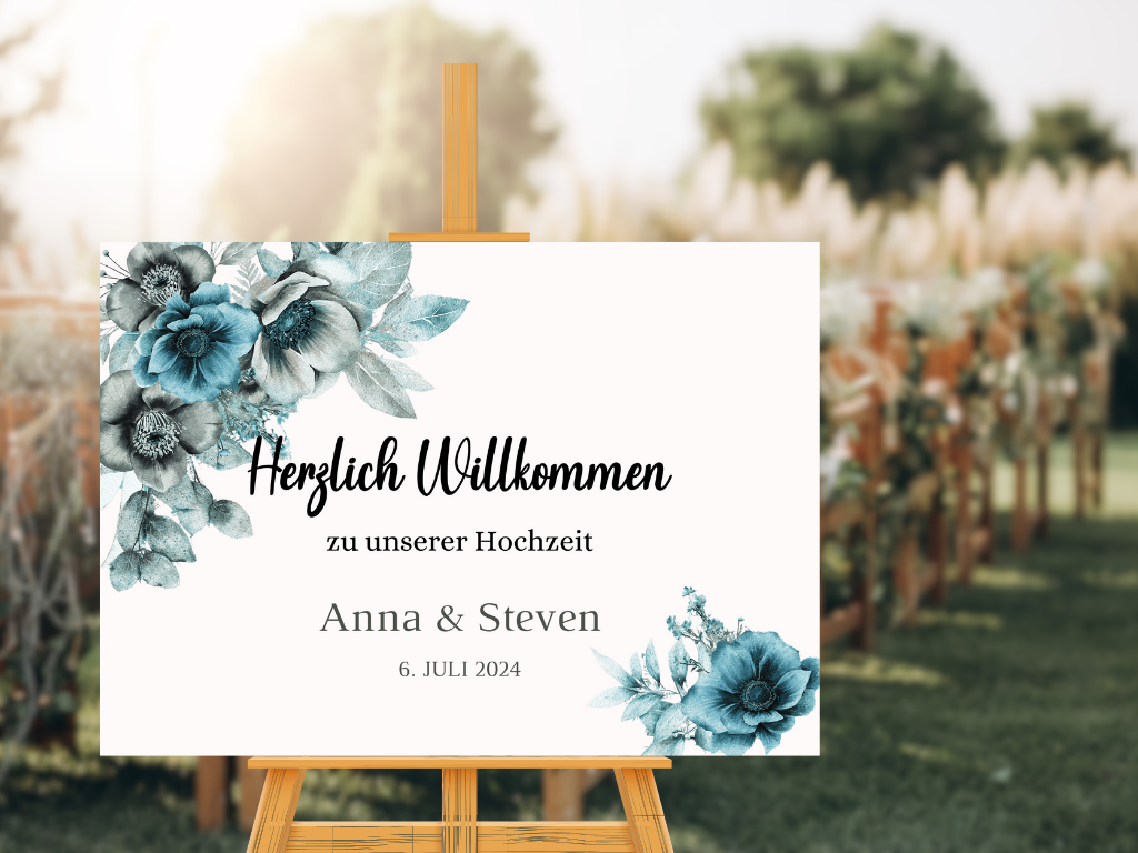 Willkommensschild Hochzeit - Leinwand , Poster - Strand Hochzeit , Marine , Blaue Blumen MILA