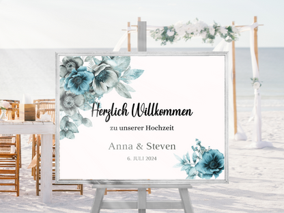Willkommensschild Hochzeit - Leinwand , Poster - Strand Hochzeit , Marine , Blaue Blumen MILA